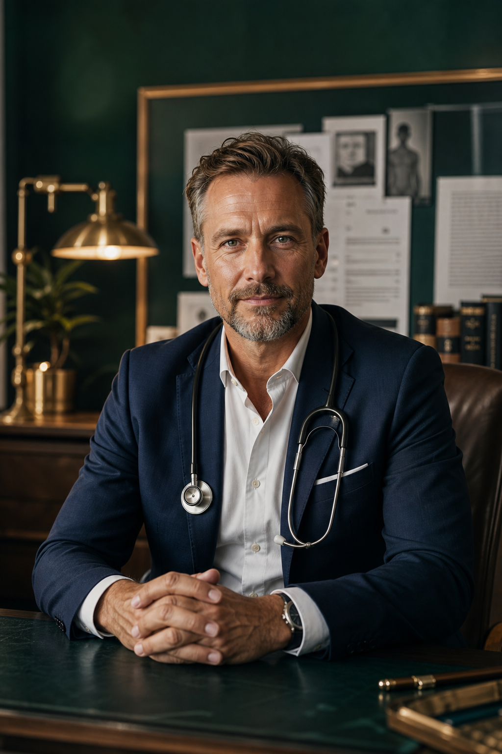 Professionelles Porträt von Dr. med. Friedrich Keller vor unscharfem Lebenslauf und Praxisdokumenten