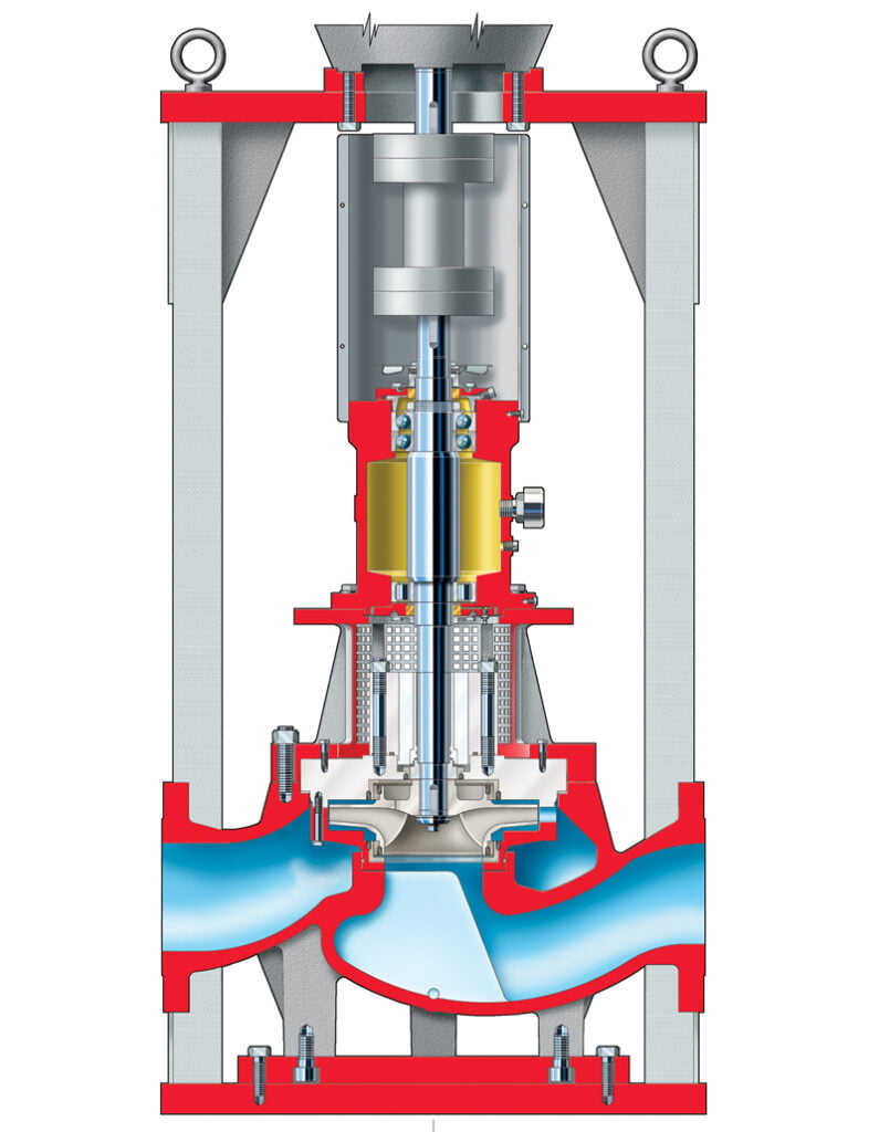 Flowserve PVXM API 610 (OH3) vertical in-line pump for high-efficiency fluid handling in petrochemical industries.